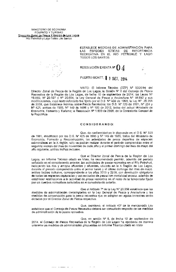 R EX Nº 4-2014 Establece Medidas de Administración para las especies ícticas de importacia recreativa en el Río Petrohué y lago Todos Los Santos DZP X Región. (Publicada en Diario Oficial 17-09-2014)