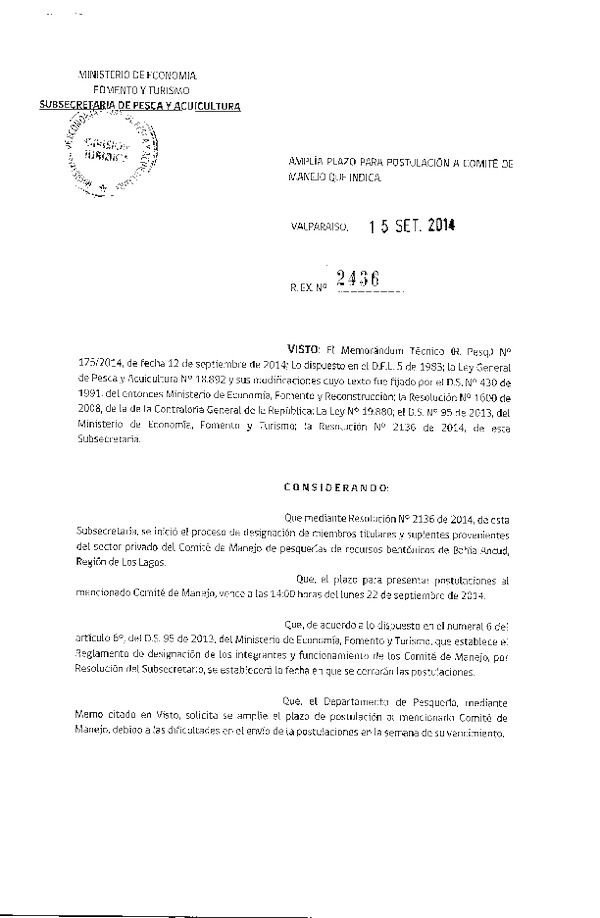 R EX N° 2436-2014 Amplía Plazo para Postulación a Comité de Manejo de Recursos Bentónicos X Región. (Publicada en Diario Oficial 20-09-2014)