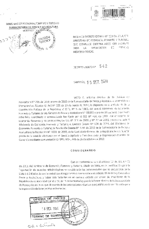 D EX N° 542-2014 Modifica D EX N° 124-2014 Establece Enfermedades Certificables para la Importación de Especies Hidrobiológicas. (F.D.O. 25-09-2014)