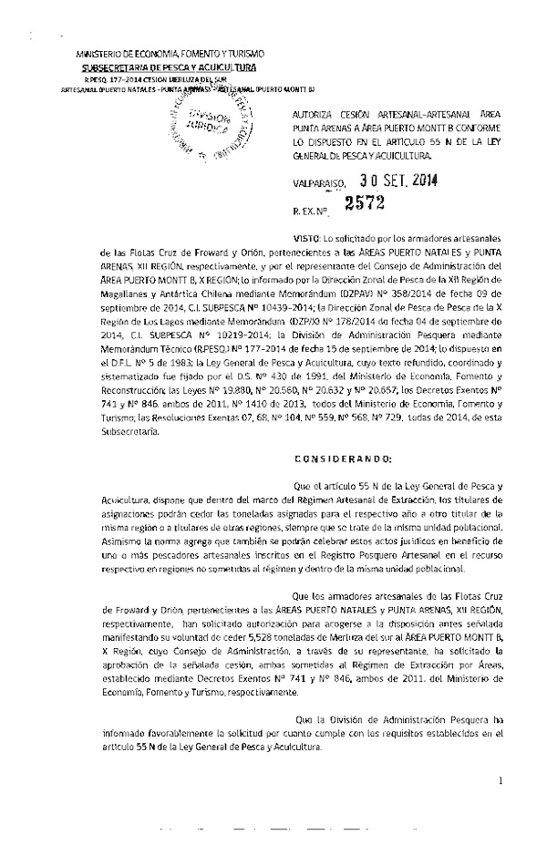 R EX N° 2572-2014 Autoriza Cesión recurso Merluza del sur XII a X Región.