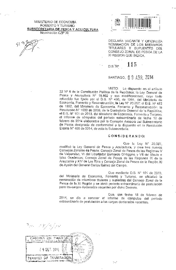 D.S. Nº 115-2014 Oficializa Nominación de Consejeros y Declara Vacante Cargos en Consejo Zonal de Pesca XI Región. (Pubicado en Diario Oficial 06-10-2014)