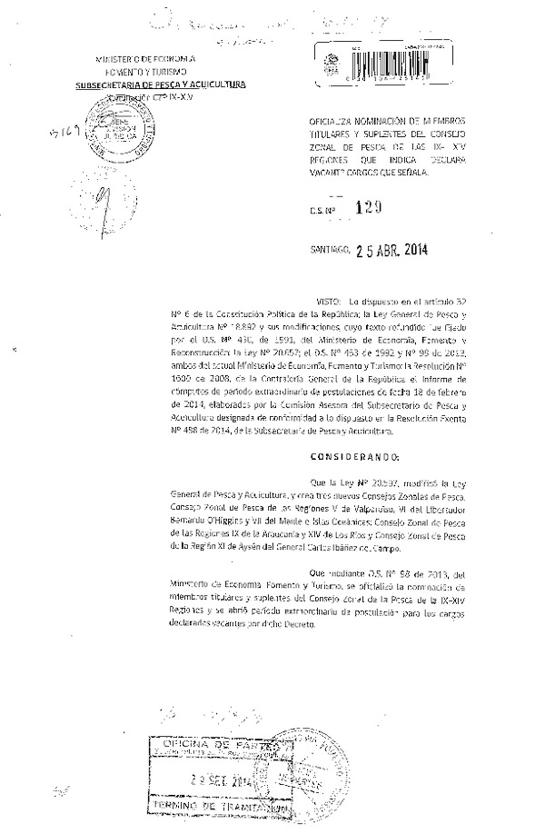 D.S. Nº 129-2014 Oficializa Nominación de Consejeros del Consejo Zonal de Pesca IX-XIV Región y Declara Vacante Cargos que Indica (Pubicado en Diario Oficial 06-10-2014)