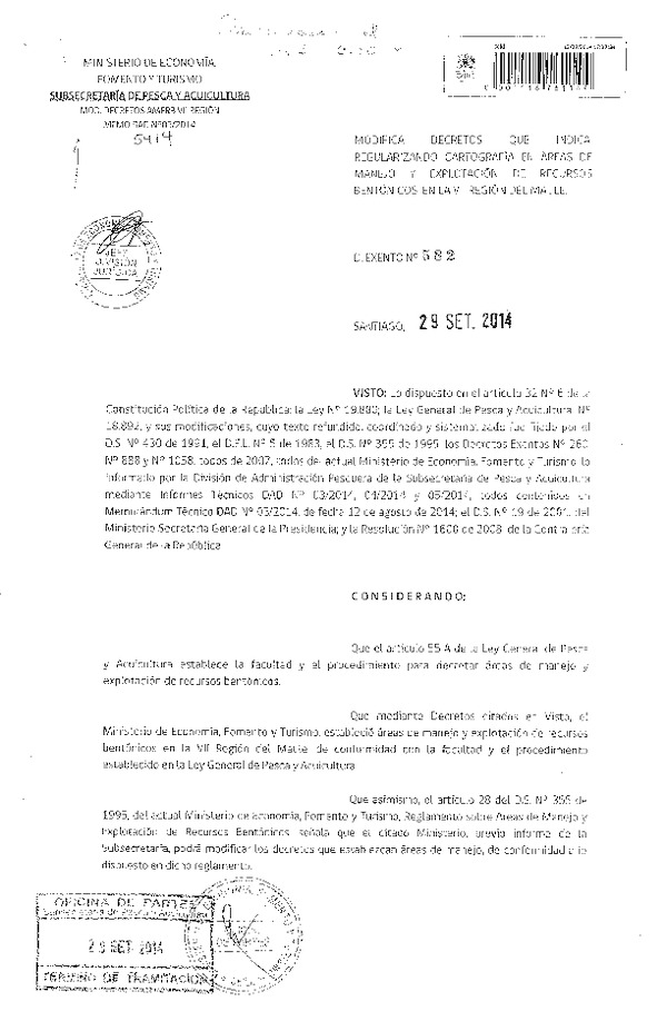 D EX N° 582-2014 Modifica Decretos N° 260, N° 888 y N° 1058, todos de 2007, Regularizando Cartografía en Áreas de Manejo, VII Región. (Publicado en Diario Oficial 06-10-2014)