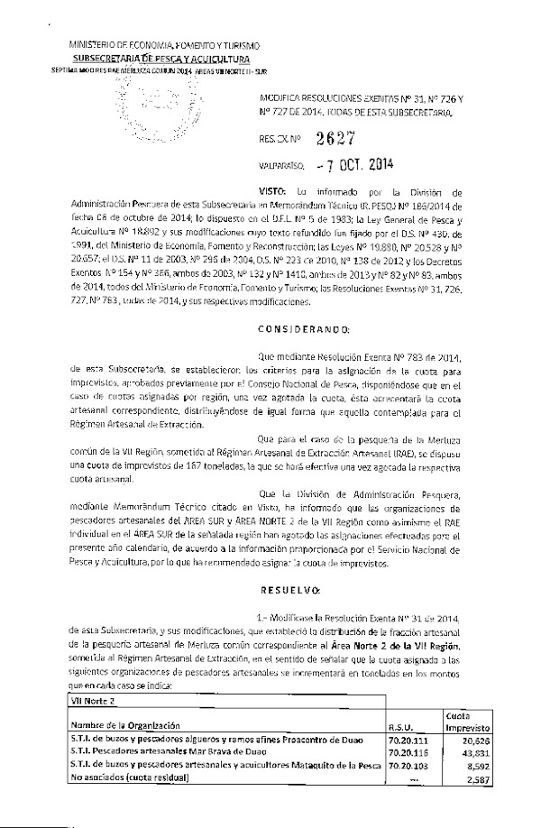 R EX N° 2627-2014 Modifica R EX N° 31, N° 726 y N° 727 todas de 2014. Distribución de la fracción Artesanal Merluza común VII Norte Área II. (Publicada en Pág. Web 08-10-2014)