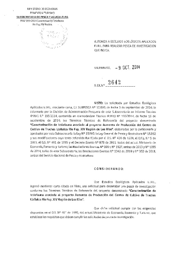 R EX N° 2642-2014 Caracterización de ictiofauna asociada al proyecto Aumento de Producción del Centro de Cultivo de Truchas Llallalca Río Fuy, XIV Región.