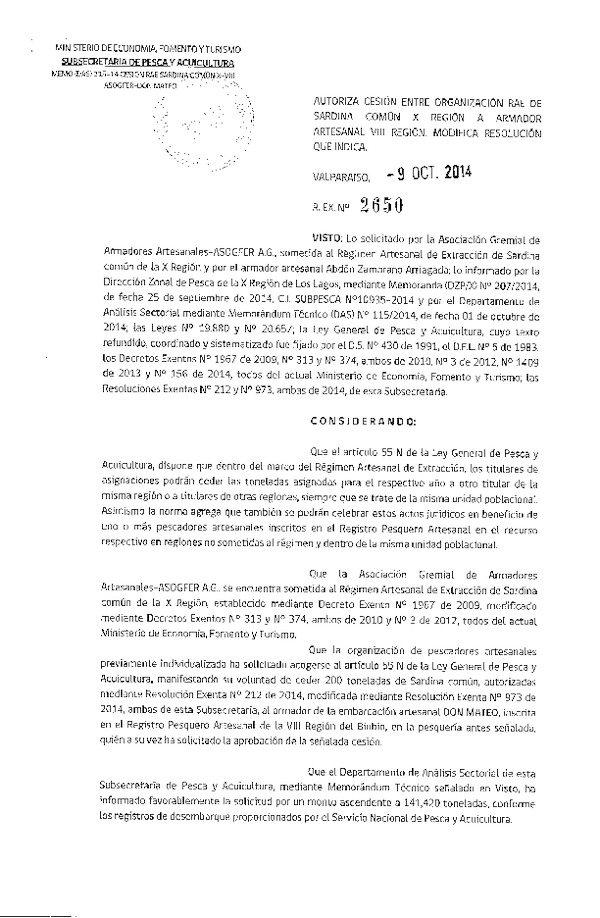 R EX N° 2650-2014 Autoriza Cesión Sardina común X a VIII Región.