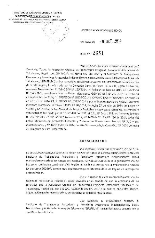 R EX N° 2651-2014 Modifica R EX N° 1657-2014 Autoriza Cesión Sardina común, VIII a VIII Región.