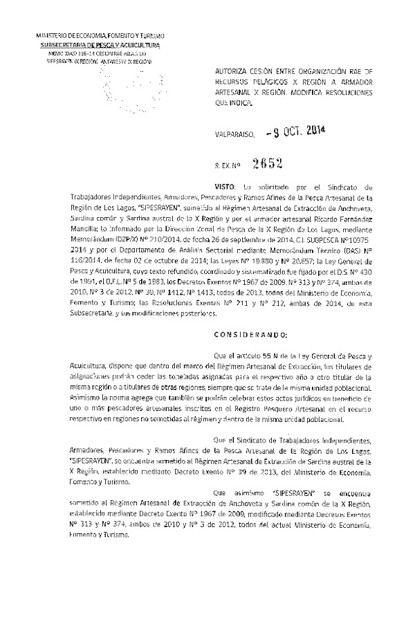 R EX N° 2652-2014 Autoriza Cesión Pelágicos X a X Región.