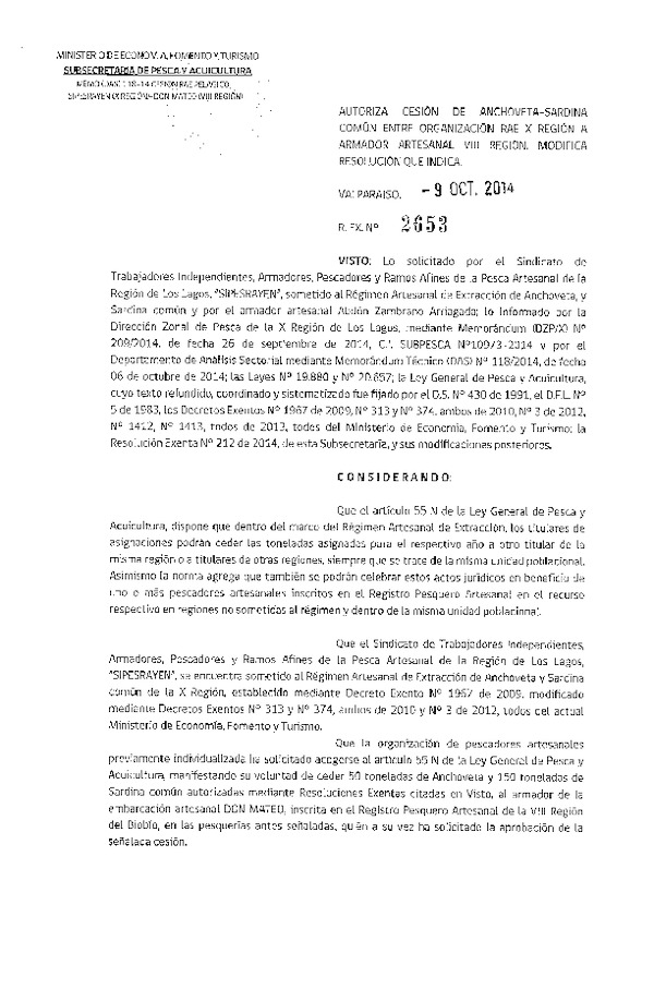 R EX N° 2653-2014 Autoriza Cesión Anchoveta-Sardina Común, A a VIII Región.