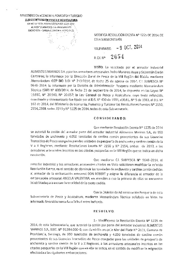 R EX N° 2654-2014 Modifica R EX Nº 1225-2014 Autoriza Cesión Recursos Anchoveta y Sardina común V-X Región.