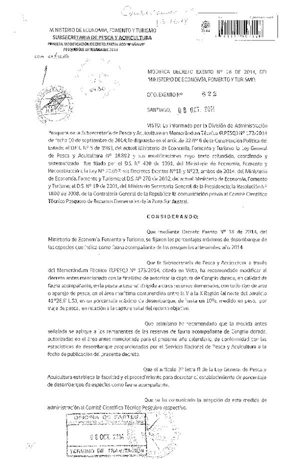 D EX N° 622-2014 Modifica D EX Nº 18-2014 Establece Porcentaje de desembarque de especies como Fauna acompañante de Recursos que indica, año 2014. (Publicado en Diario Oficial  13-10-2014)