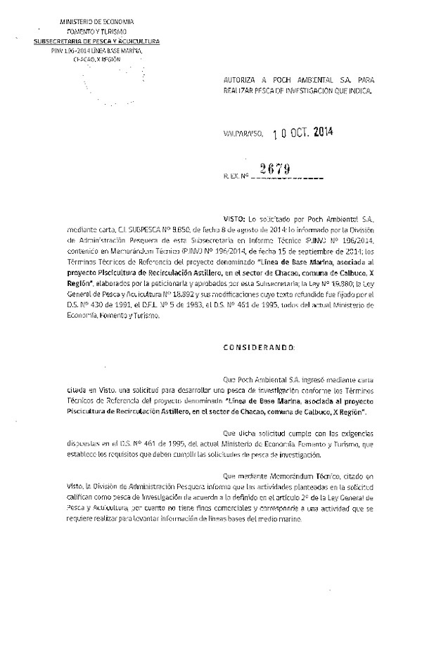 R EX N° 2679-2014 Línea de base marina, asociada al proyecto Piscicultura de Recirculación Astilleros, en el sector de Chacao, comuna de Calbuco, X Región.