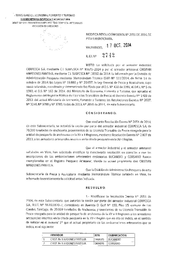 R EX N° 2742-2014 Modifica R EX N° 2051-2014 Autoriza Cesión recurso Anchoveta, XV-II Región.