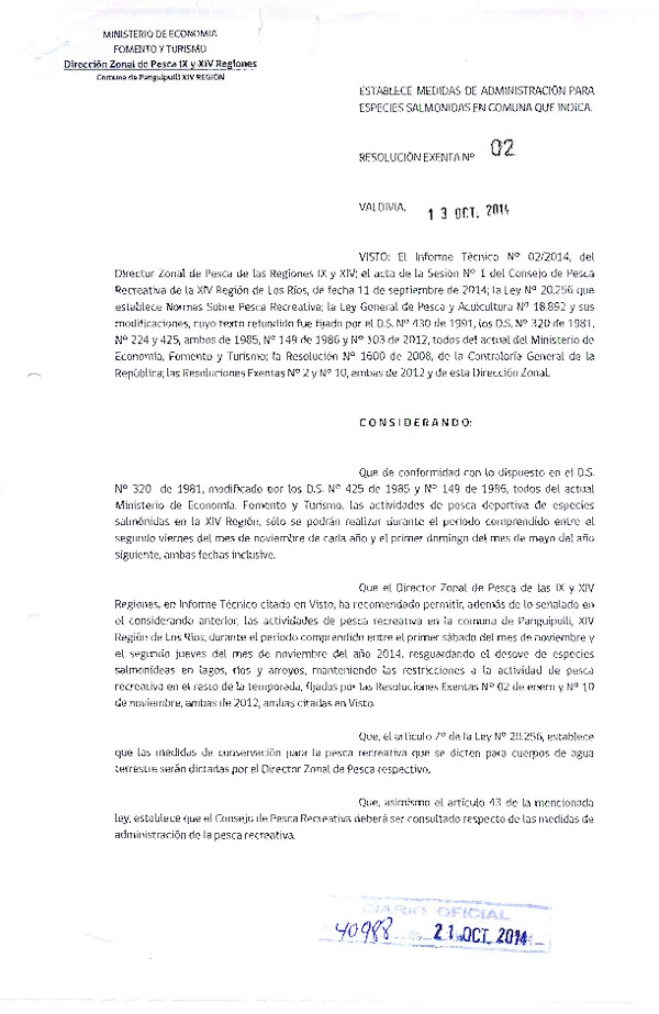 R EX Nº 2-2014 Establece Medidas de Administración para las Especies Salmónidas comuna de Panguipulli. (DZP IX-XIV). (Publicada en Diario Oficial 21-10-2014)
