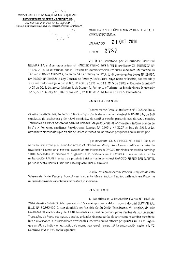 R EX N° 2787-2014 Modifica R EX N° 1006-2014 Autoriza Cesión Recurso Sardina común y Anchoveta, V-X a VIII Región.