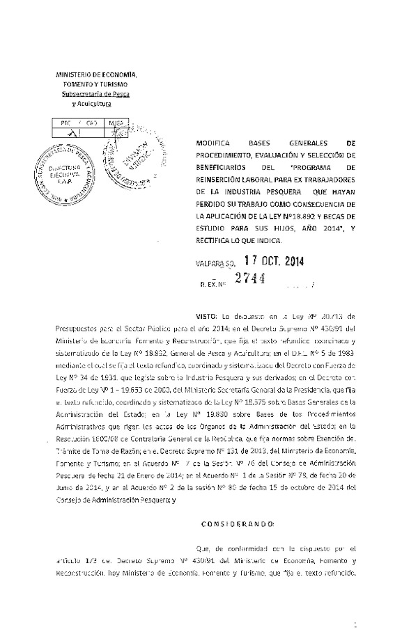 R EX N° 2744-2014 Modifica Bases Generales de procedimiento, evaluación y selección de Beneficiarios Programa de Reinserción Laboral.