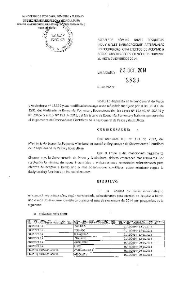 R EX Nº 2820-2014 NAVES MES DE NOVIEMBRE DE 2014.