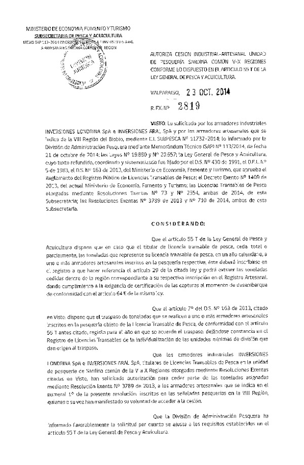 R EX N° 2819-2014 Autoriza Cesión Recurso Sardina común, V-X a VIII Región.