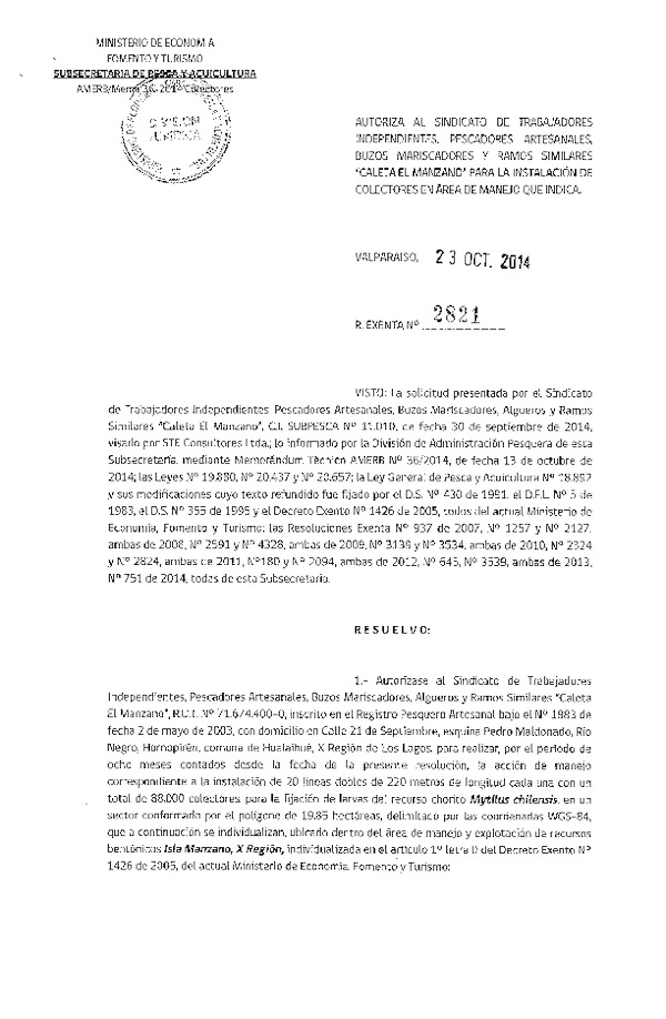 R EX N° 2821-2014 INSTALACION DE COLECTORES.