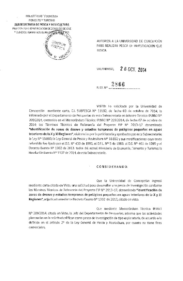 R EX N° 2866-2014 Identificación de zonas de desove y estudios tempranos de pálifcos pequeños en aguas interiores de la X y XI Región.