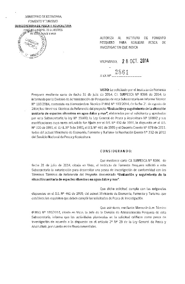 R EX N° 2861-2014 Evaluación y seguimiento de la situación sanitaria de especies silvestres en agua dulce y mar.