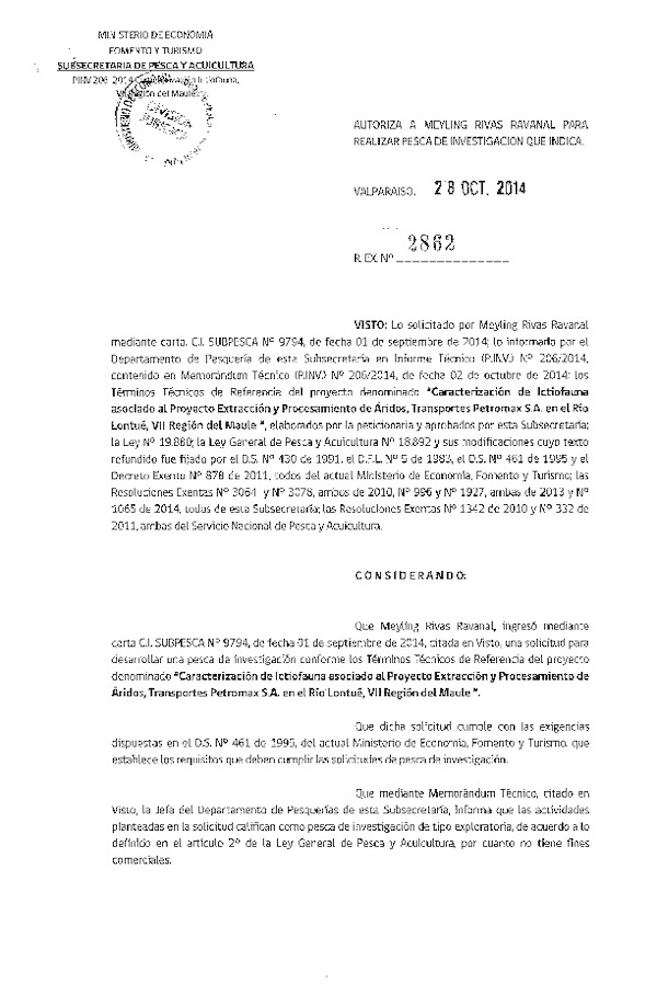 R EX N° 2862-2014 Caracterización de ictofauna asociado al Proyecto Extracción y Procesamiento de Áridos, Transportes Petromax S.A. Río Lontué, VII Región.