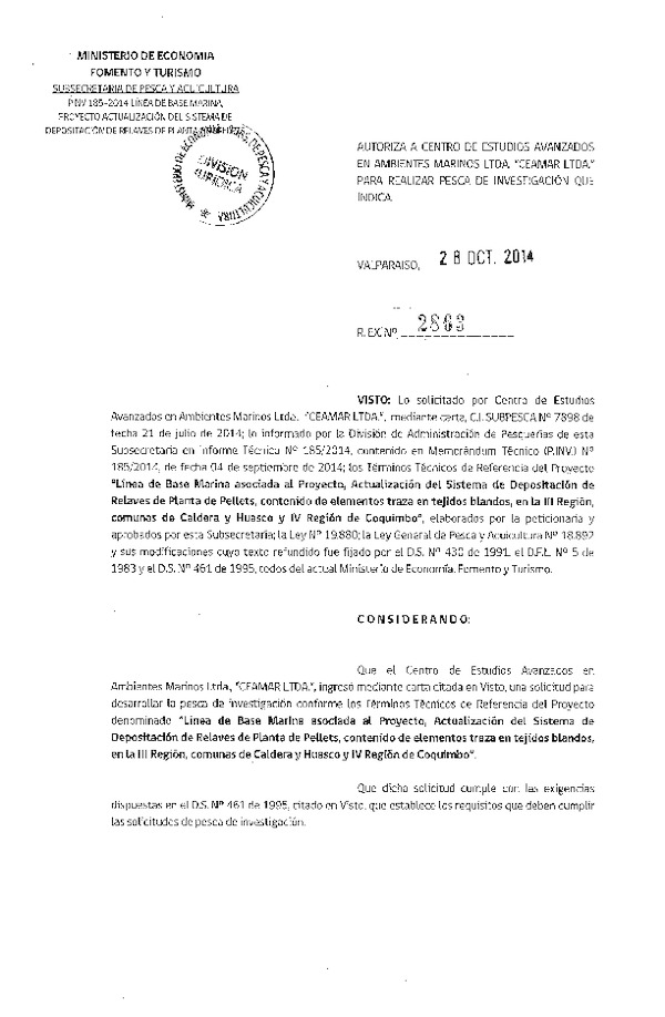 R EX N° 2863-2014 Línea de base marina asociada al Proyecto, Actualización del Sistema de depositación de Relaves de Planta de Pellets. III Región, comunas de Calera y Huasco y IV Región de Coquimbo.