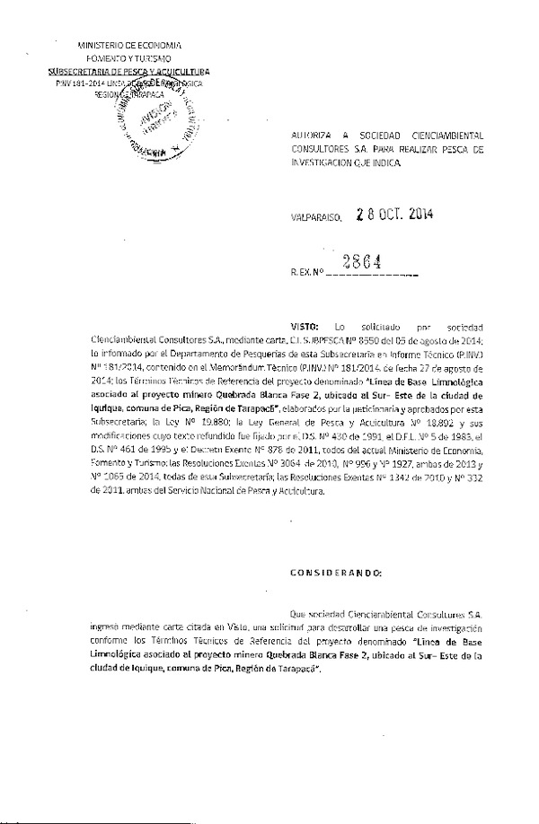 R EX N° 2864-2014 Línea de base limnológica asociado al proyecto minero Quebrada Blanca Fase 2, ubicado al Sur-Este de la ciudad de Iquique.