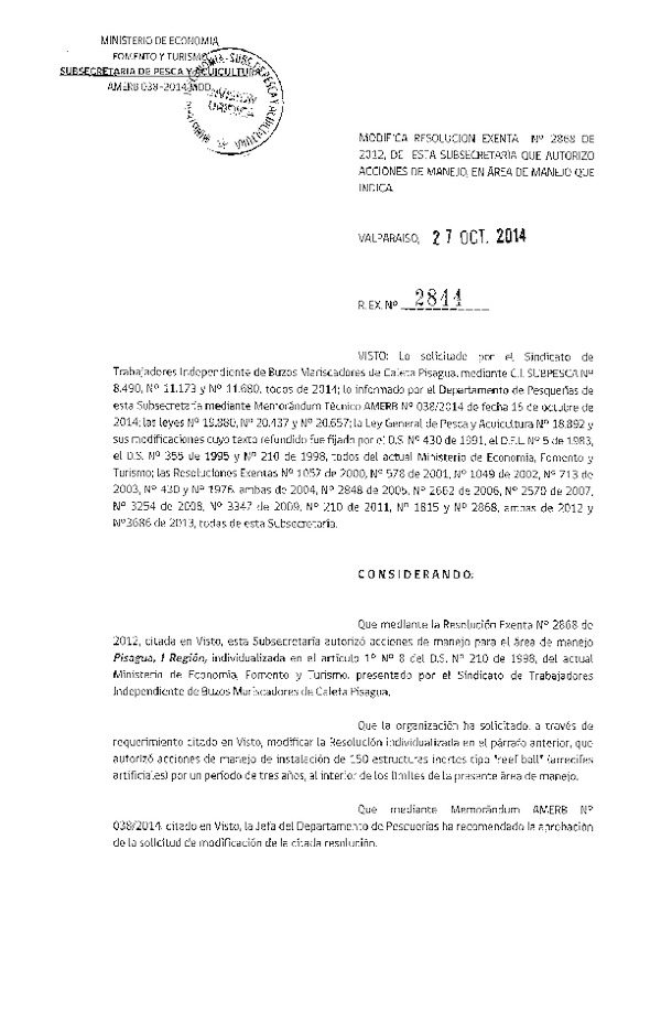 R EX N° 2844-2014 MODIFICA R EX N° 2868-2012 ACCIONES DE MANEJO.