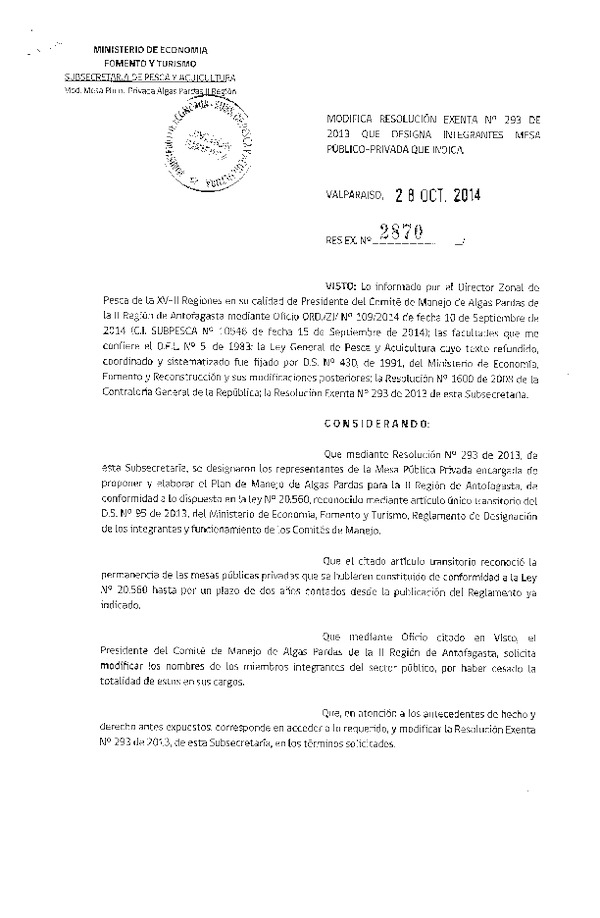 R EX N° 2870-2014 Modfica R EX N° 293-2013 que Desiga Integrantes mesa Público-Privada que Indica.