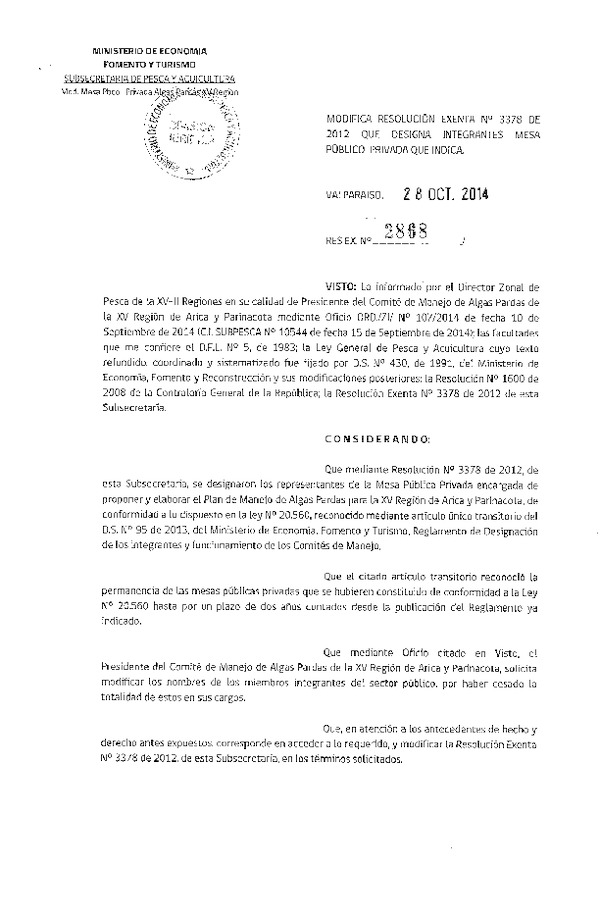 R EX N° 2868-2014 Modifica R EX N° 3378-2012 Comité de manejo algas pardas Arica y Parinacota.