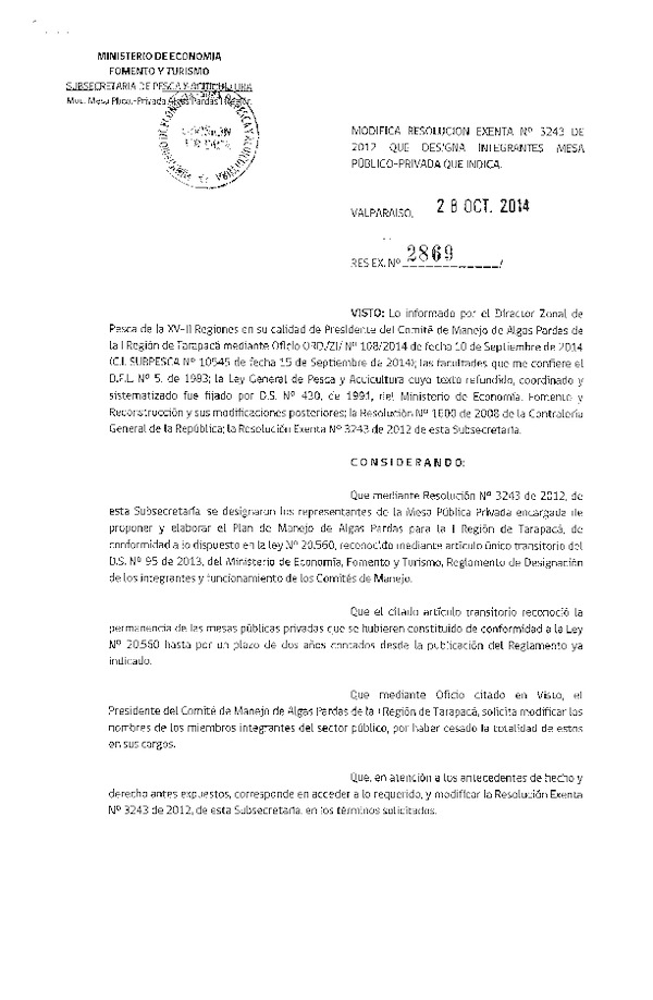 R EX N° 2869-2014 Modifica R EX N° 3243-2012 Comité de manejo algas pardas I Región de Tarapacá.