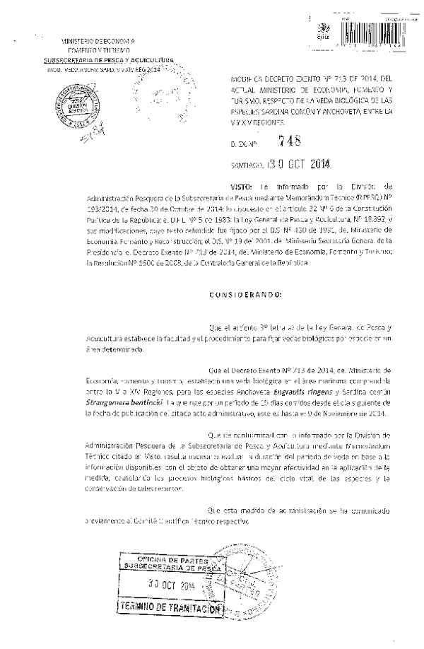 R EX N° 748-2014 Modifica D EX N° 713-2014 Establece Veda Biológica recursos Sardina común y Anchoveta entre la V y la XIV Región.