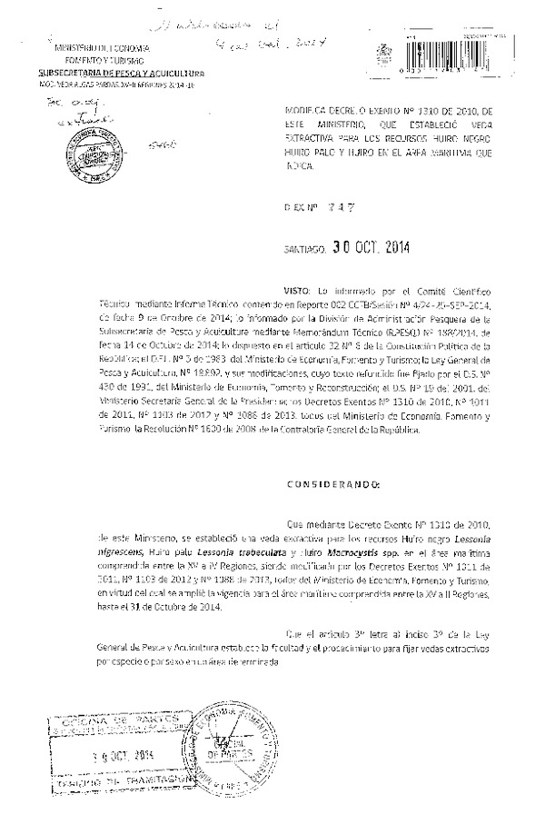 D EX Nº 747-2014 Modifica D EX Nº 1310-2010 Veda extractiva recurso huiro negro, huiro palo y huiro en la XV-IV Región. (Publicado en Dairio Oficial 04-11-2014)