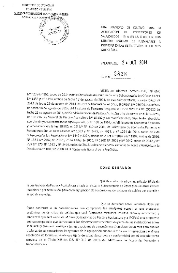 R EX N° 2828-2014 Fija densidades para agrupación 19A y Número máximo de ejemplares a ingresar por estructura de cultivo. (Publicada en Diario Oficial 04-11-2014)