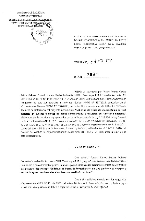 R EX N° 2904-2014 Solicitud de Pesca de investigación de tipo genérica en cuerpos de aguas continentales e insulares del territorio nacional.