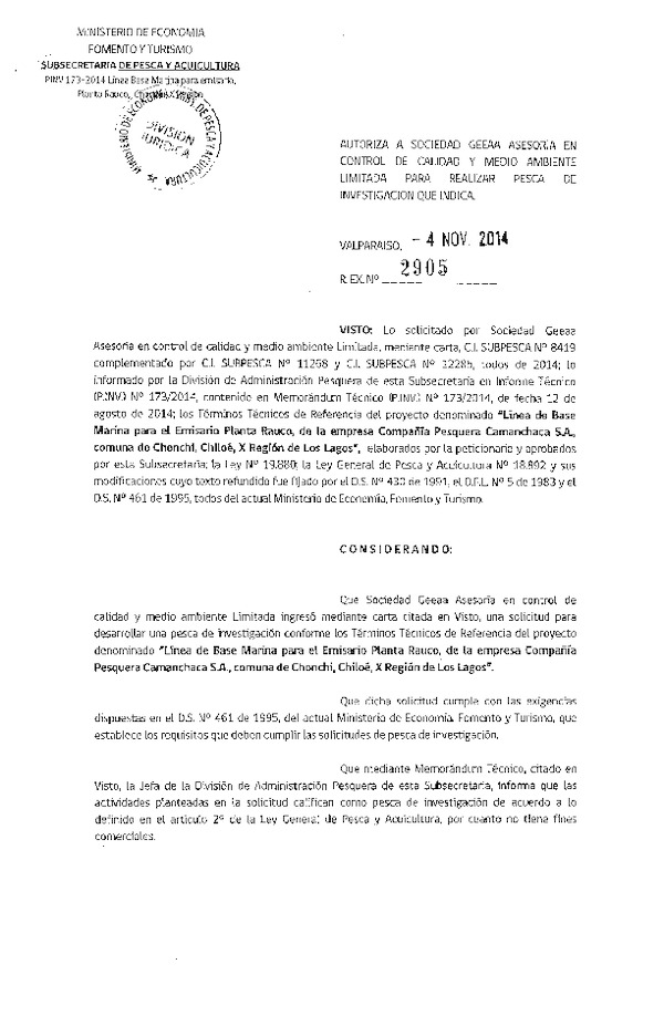 R EX N° 2905-2014 Línea de base marina para el Emisario Rauco de la empresa Compañía Pesquera Camanchaca S.A. comuna de Chonchi, Chiloé, X Región.