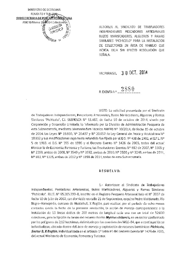 R EX N° 2880-2014 INSTALACION DE COLECTORES. DEJA SIN EFECTO RESOLUCION 1896-2014.