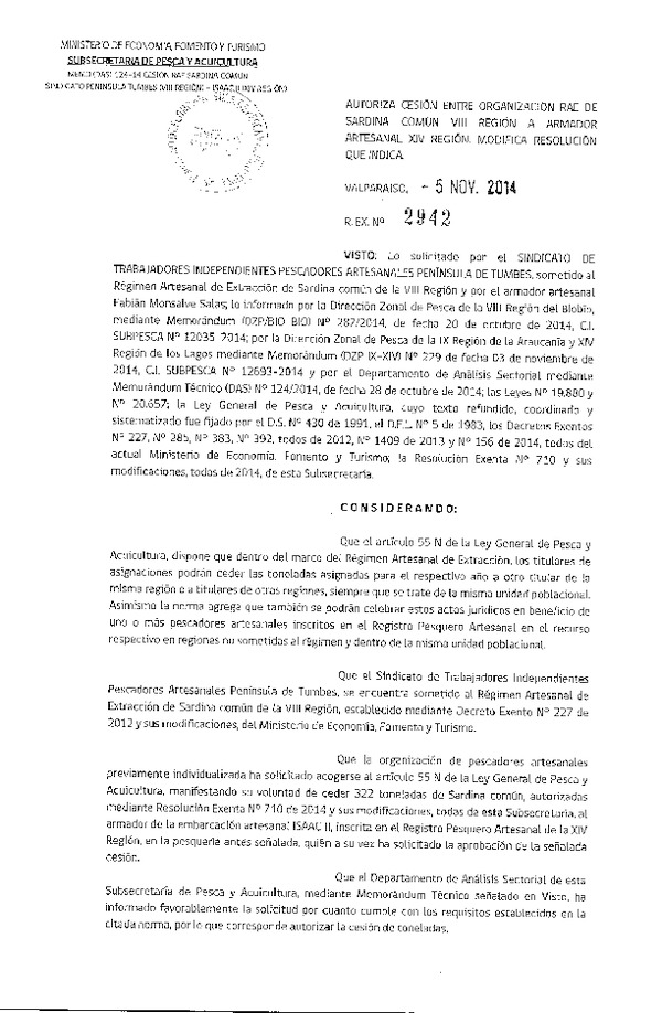 R EX N° 2942-2014 Autoriza Cesión Sardina común, VIII a XIV Región. Modifica Resoluciones que Indica.