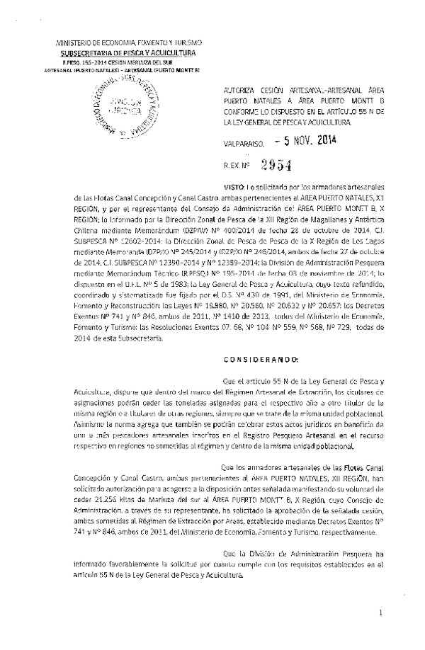 R EX N° 2954-2014 Autoriza Cesión recurso Merluza del sur XII a X Región.