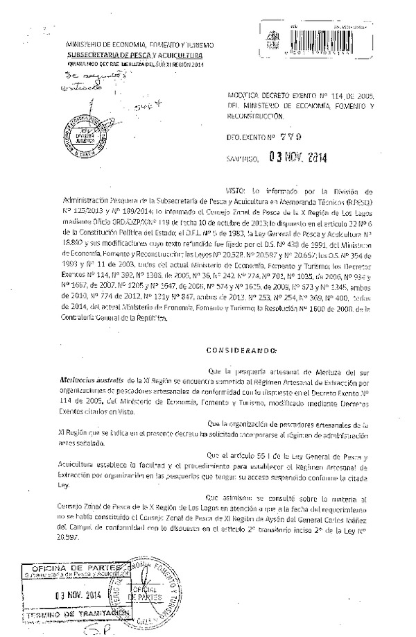 D EX N° 779-2014 Modifica D EX N° 114-2005 Régimen Artesanal de Extracción Merluza del Sur, XI Región. (Publicado en Diario Oficial 08-11-2014)