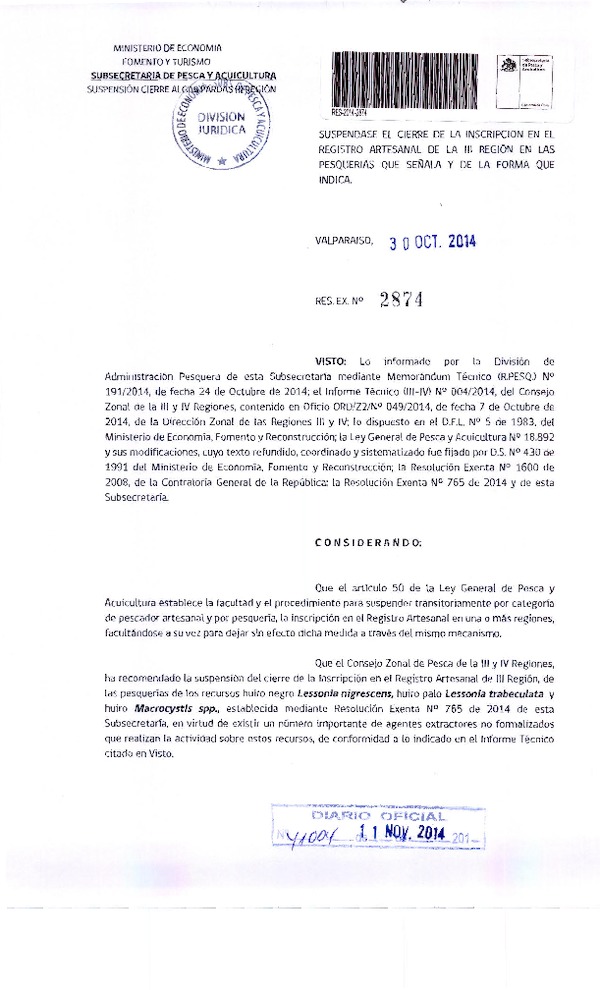 R EX N° 2874-2014 Suspende Cierre de la Inscripción en el Registro Artesanal de la III Región en las Pesquerías de los Recursos Huiro negro, Huiro palo y Huiro. (Publicada en Diario Oficial 11-11-2014)