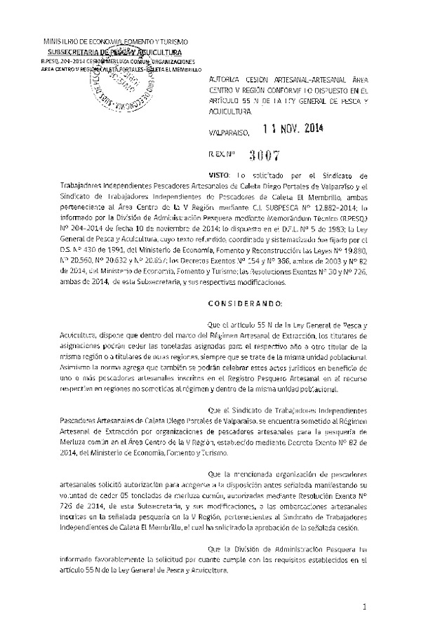 R EX N° 3007-2014 Autoriza Cesión recurso Merluza común V a V Región.