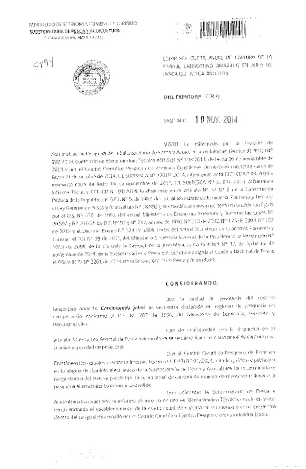 D EX N° 790-2014 Establece Cuota Anual de Captura de la Especie Langostino Amarillo V-VIII Región, Año 2015. (Publicado en Diario Oficial 13-11-2014)