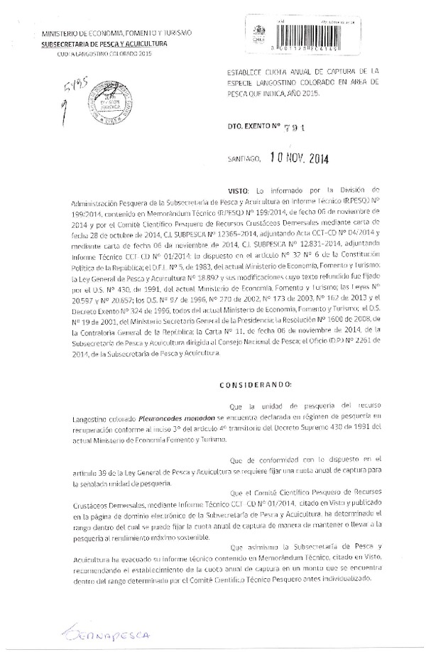 D EX N° 791-2014 Establece Cuota Anual de Captura de la Especie Langostino Colorado V-VIII Región, Año 2015. (Publicado en Diario Oficial 13-11-2014)