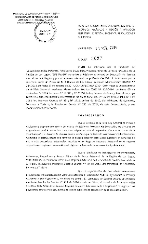 R EX N° 3027-2014 Autoriza Cesión recursos Pelágicos X a X Región.