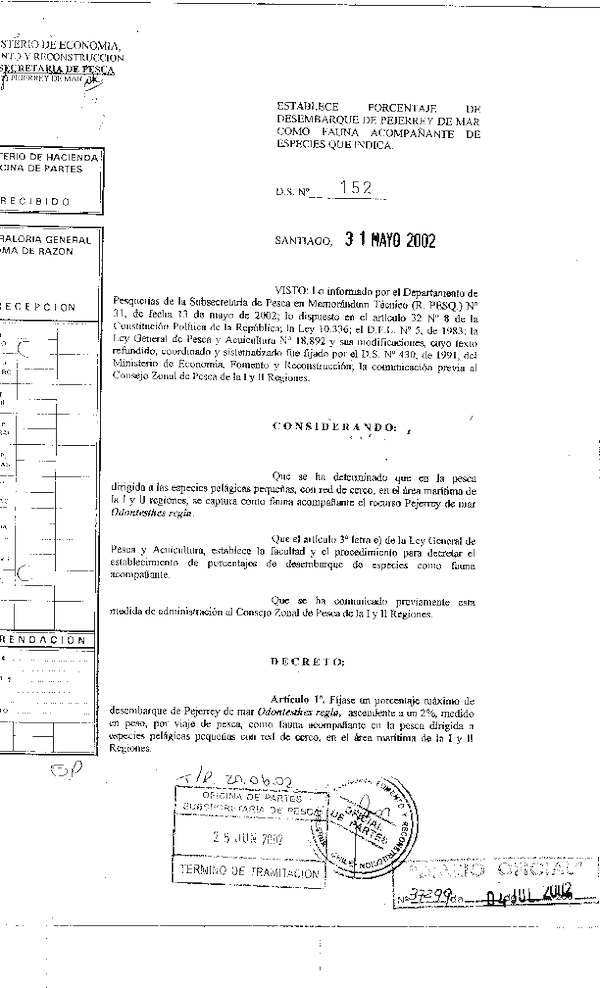 D.S. N° 152-2002 Establece Porcentaje de Desembarque de Pejerrey de mar como Fauna Acompañante de Especies quer indica I-II Región.