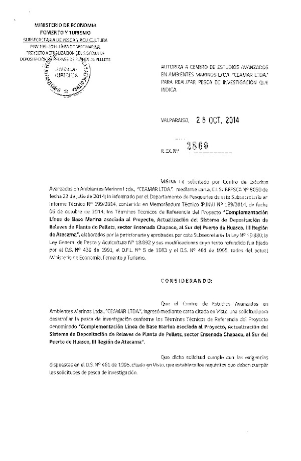 R EX N° 2860-2014 Línea de base marina Actualización del sistema de depositación de Relaves de planta de Pellets, sector Ensenada Chapaco, al sur del Puerto Huaso, III Región.