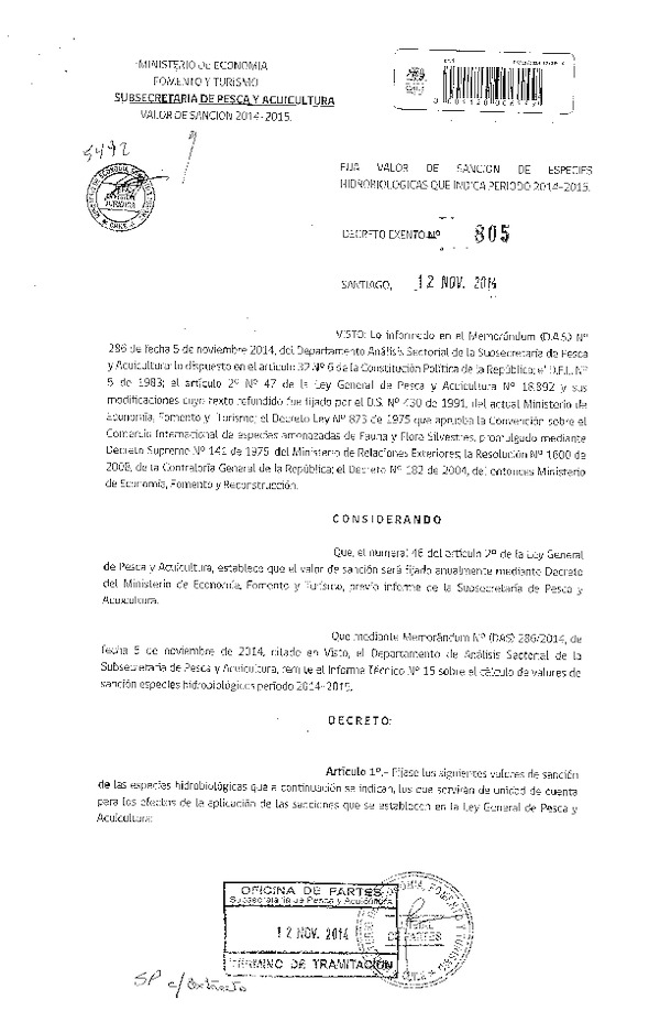 D EX Nº 805-2014 Fija Valor de Sanción de especies hidrobiológicas que indica, Período 2014-2015. (Publicado en Diario Oficial 18-11-2014)