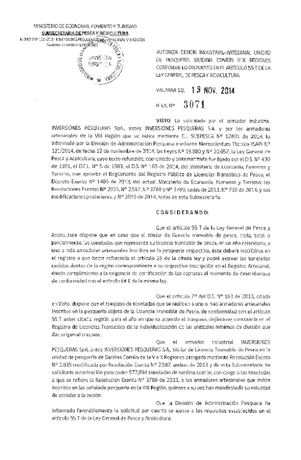 R EX N° 3071-2014 Autoriza Cesión Recurso Sardina común, V-X a VIII Región.